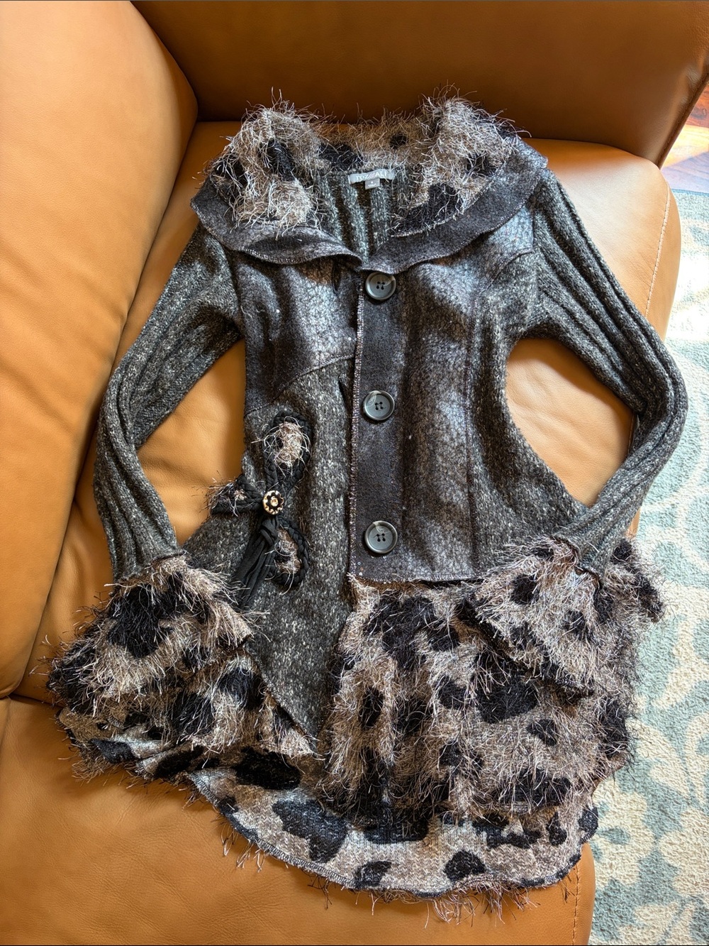 Women’s Gray Faux-Fur Trim Coatigan